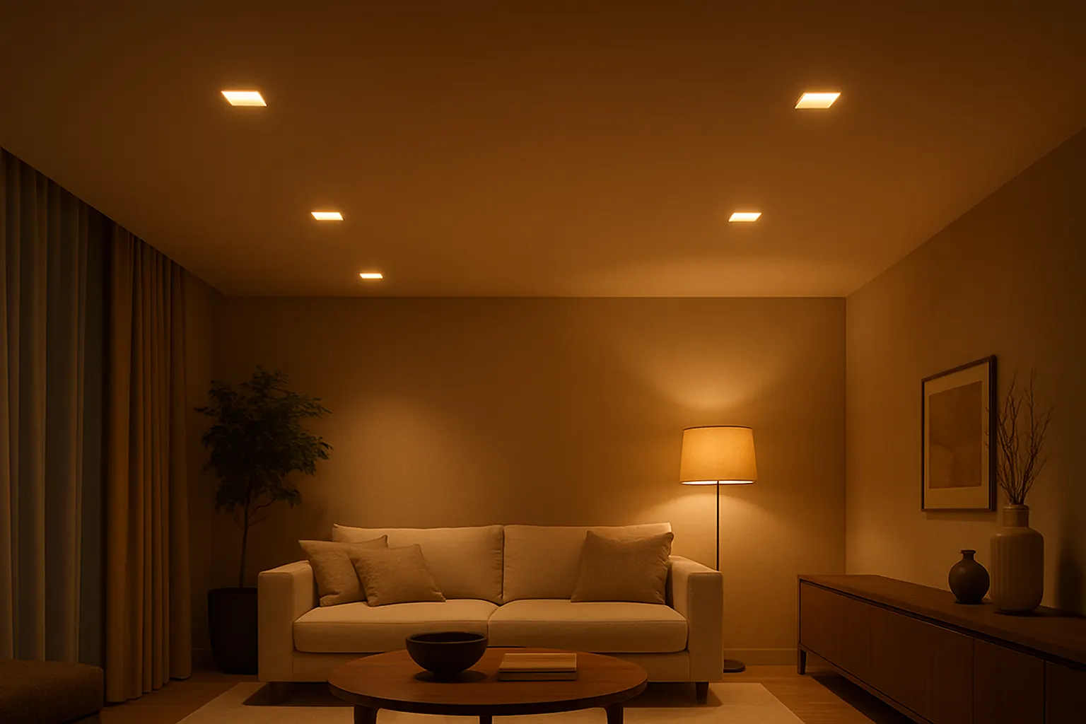 Recessed LED lighting installed across a living-room ceiling