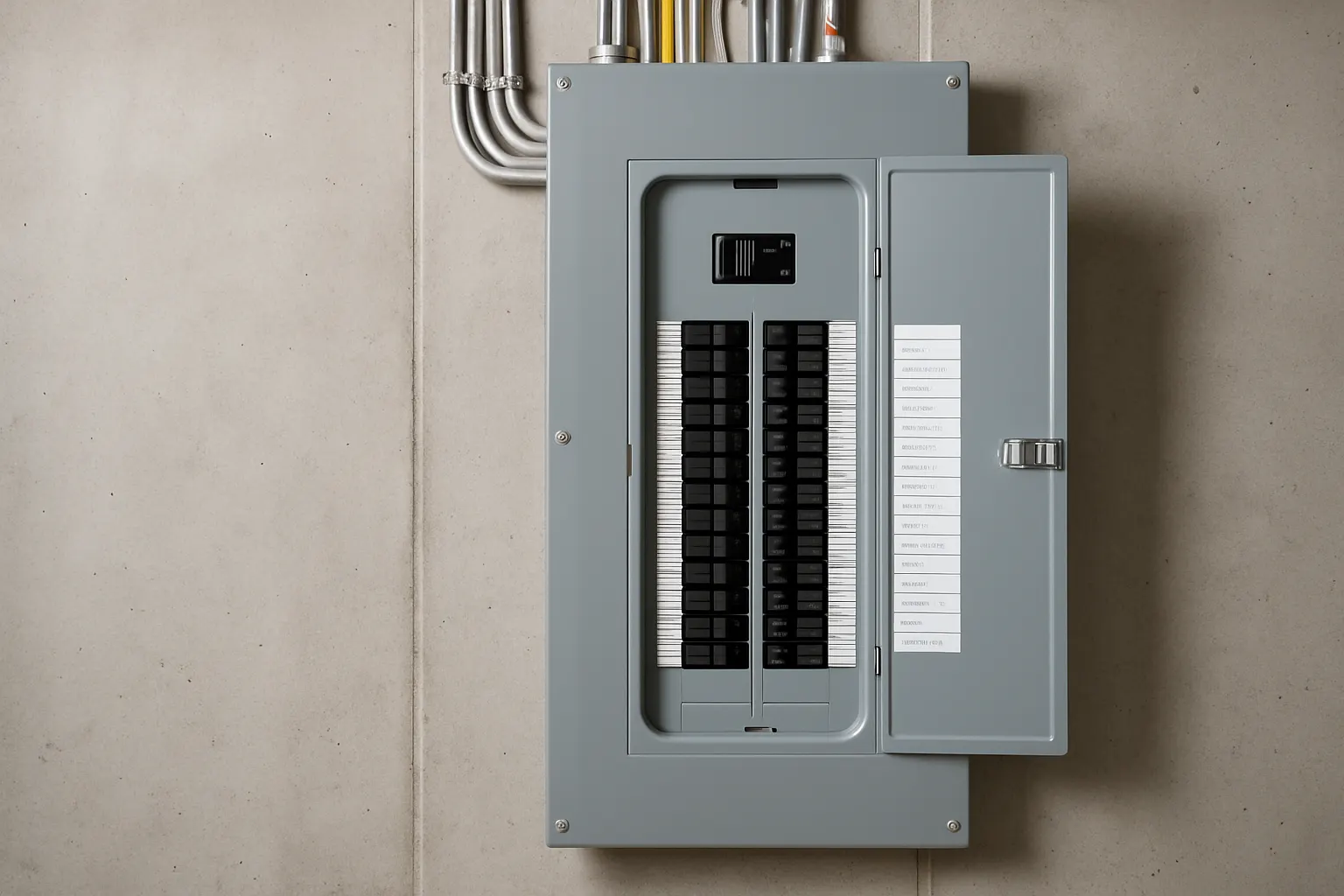 A 200-amp electrical service panel of the type we install in Monmouth County homes