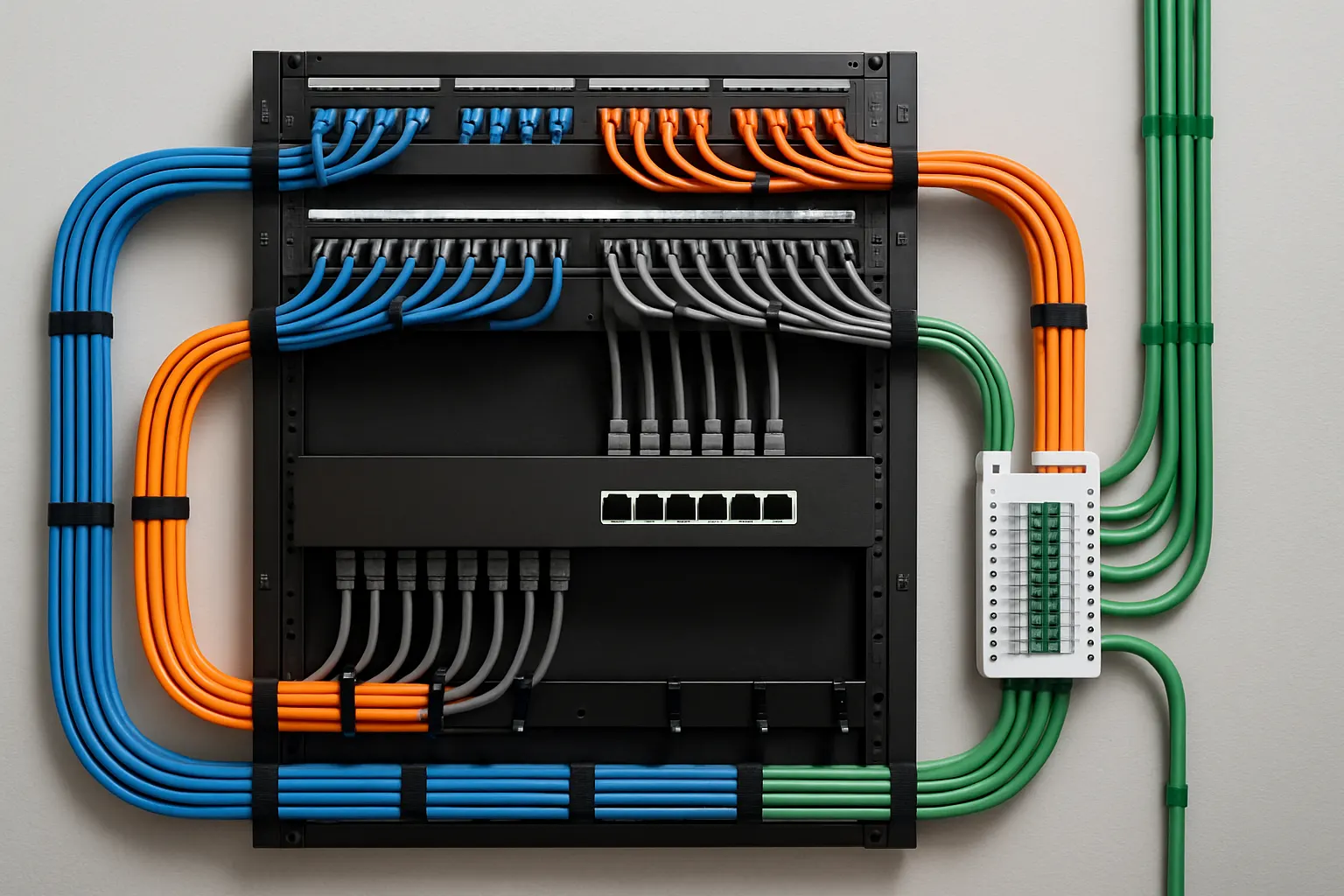 A neat structured-wiring and network data panel