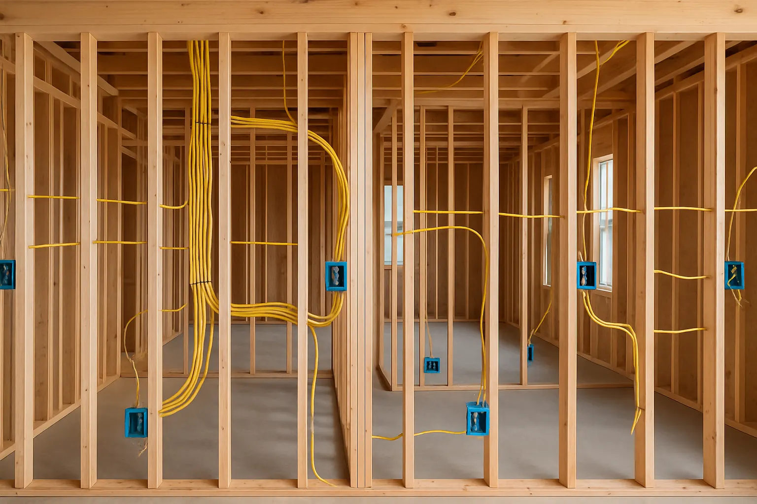 Rough-in wiring in the open framed walls of a home being rewired